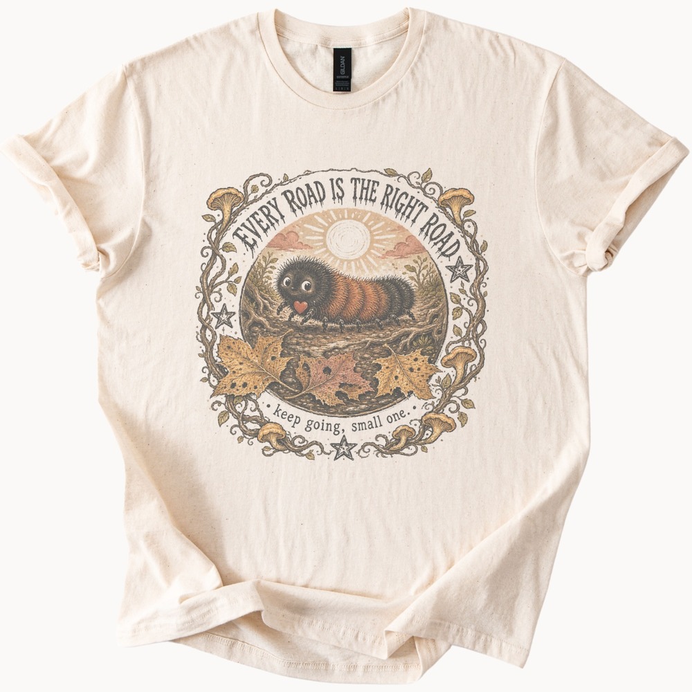 Fuzzy Caterpillar Heart Graphic Tee Vintage Whimsical Nature Art - Picture 2 of 5
